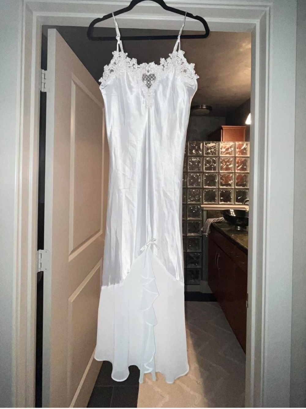 Vintage White Satin Lace Trim Slip Dress